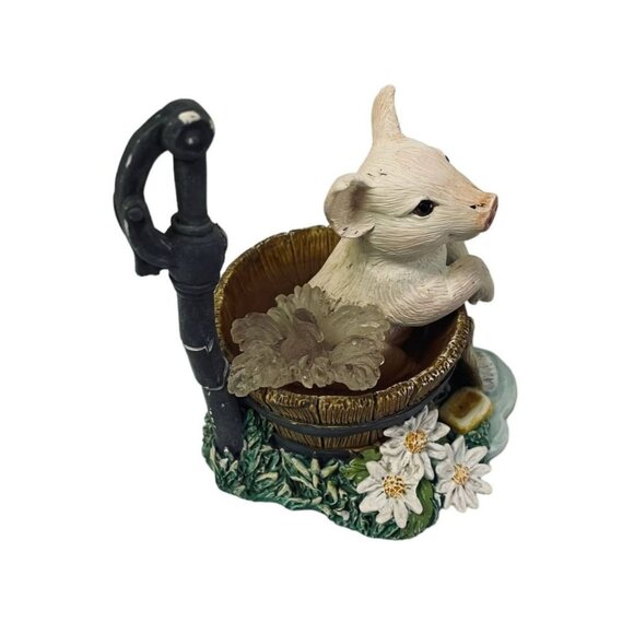 Hamilton Collection Farm Livin Collection Squeaky Pig Blue Bird Bath Figurine - Picture 2 of 13